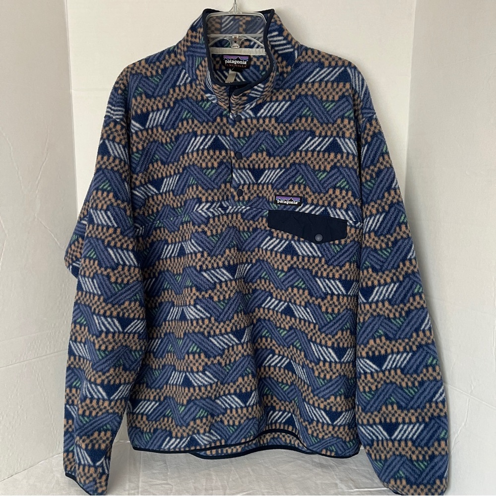 Men Patagonia Snap T Synchilla Geometric Blue Brown Fleece Jacket Pullover Large